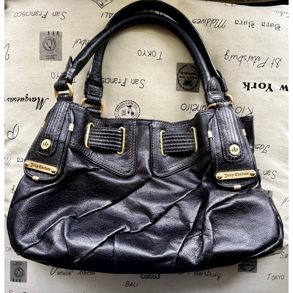 Y2K Juicy Couture Black Genuine Leather Pleated Hobo Shoulder Bag Gold Hardware - Picture 13 of 13